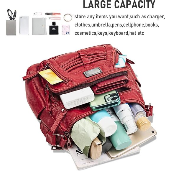 Women's Red Soft Pu Leather Multi-pocket Shoulder Bag Medium Cross-body Purse - Picture 5 of 7